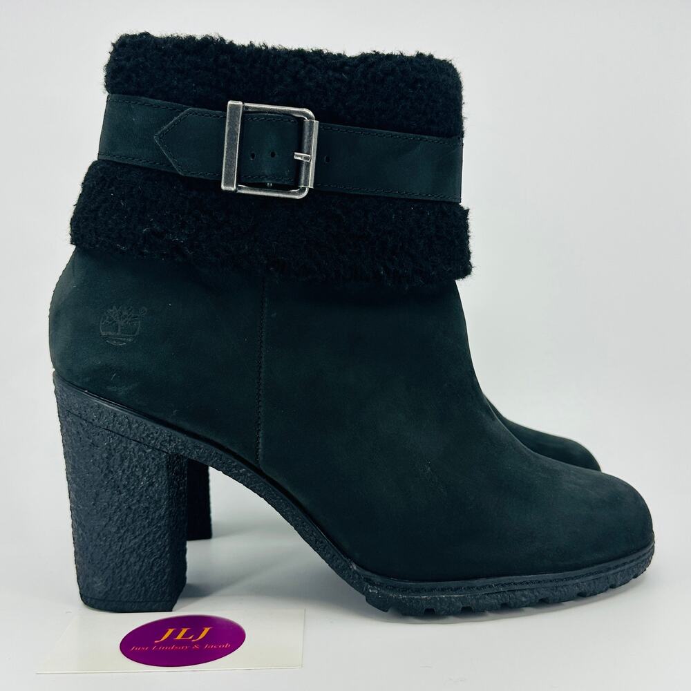 Timberland Women's Atlantic Heights Fur Collar Black Leather Boots A16CB Size 10